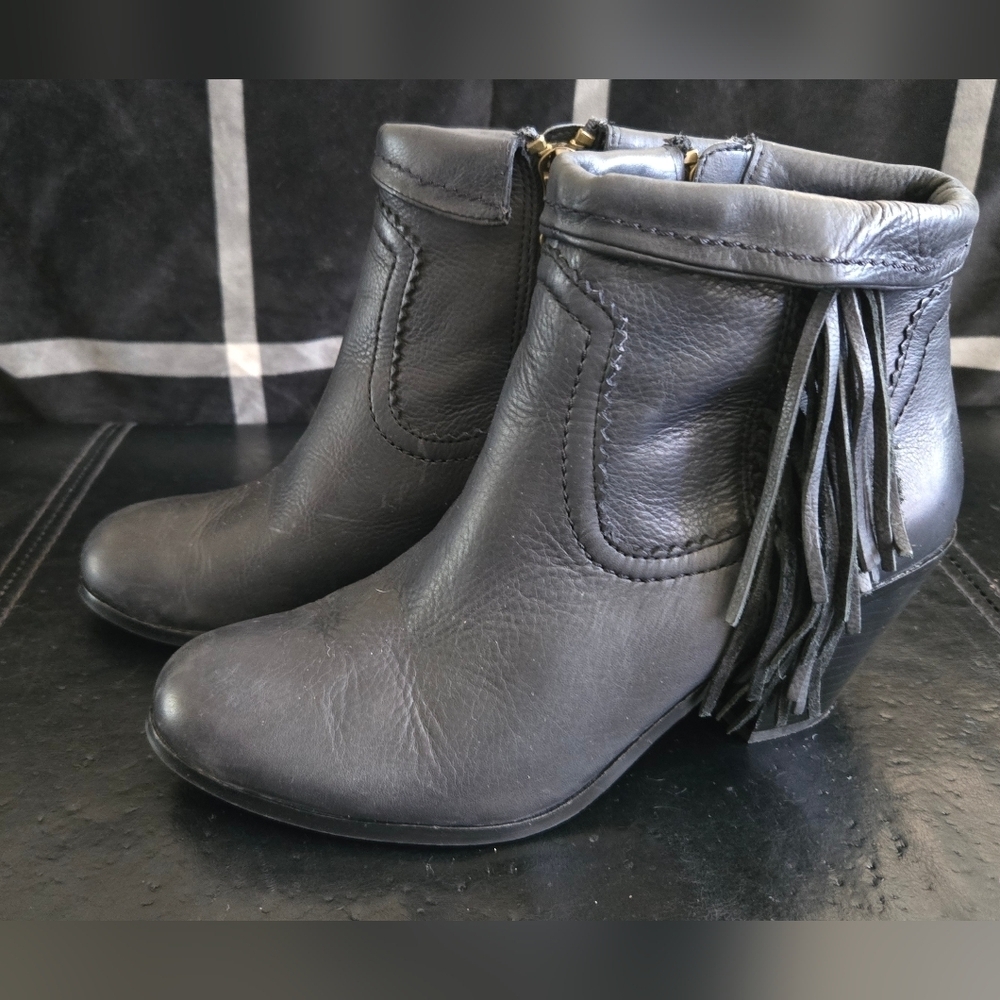 Sam Edelman Black Leather Ankle Booties with Fringe - Picture 4 of 8